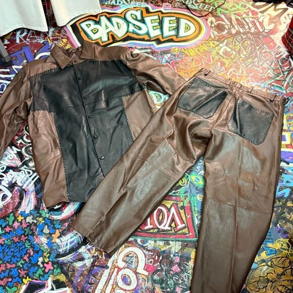 Vintage 80s Prestige Leather Jacket & Pants Set – Two-Tone Western Biker, XL/36